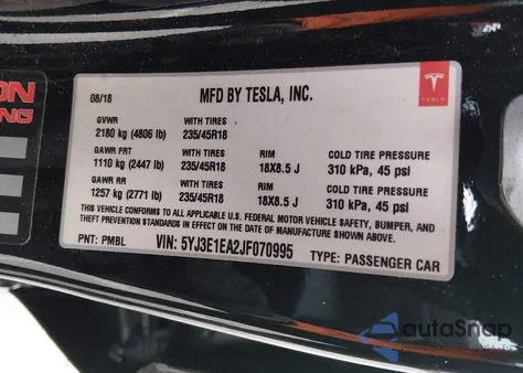 2018 Tesla Model 3 Long Range/Mid Range из США, поврежденный, VIN 5YJ3E1EA2JF070995